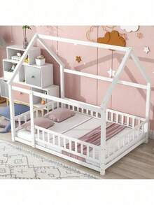 Full Size Floor Wooden Bed With House Roof Frame, Fence Guardrails ,Pink - 白色+松木+全色 - 查看 2