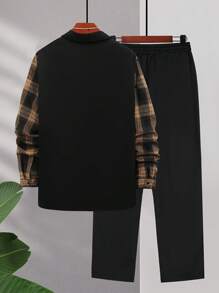 Conjunto de 2 peças de camisa de manga comprida com patchwork de cor contrastante masculina e calças casuais com cordão