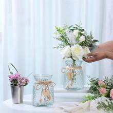 1pc Glass Vase With Wooden Hearts And Rope Modern Clear Textured Flower Vase Home Decor Centerpiece Table Decor Vase (Flowers Not Included) Gifts Birthday Graduation Back To School Room Decor School Supplies