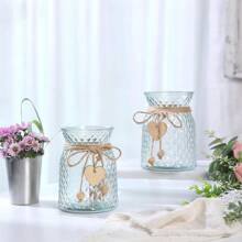 1pc Glass Vase With Wooden Hearts And Rope Modern Clear Textured Flower Vase Home Decor Centerpiece Table Decor Vase (Flowers Not Included) Gifts Birthday Graduation Back To School Room Decor School Supplies