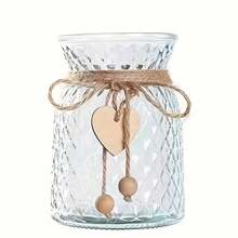 1pc Glass Vase With Wooden Hearts And Rope Modern Clear Textured Flower Vase Home Decor Centerpiece Table Decor Vase (Flowers Not Included) Gifts Birthday Graduation Back To School Room Decor School Supplies
