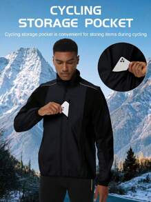 Boyfriend Style Men's Cycling Jacket With Rear Pocket, Active Mid Stretch Stand Collar Zip Up Windproof Jacket For Outdoor Fall Winter Wear - Black - View 4