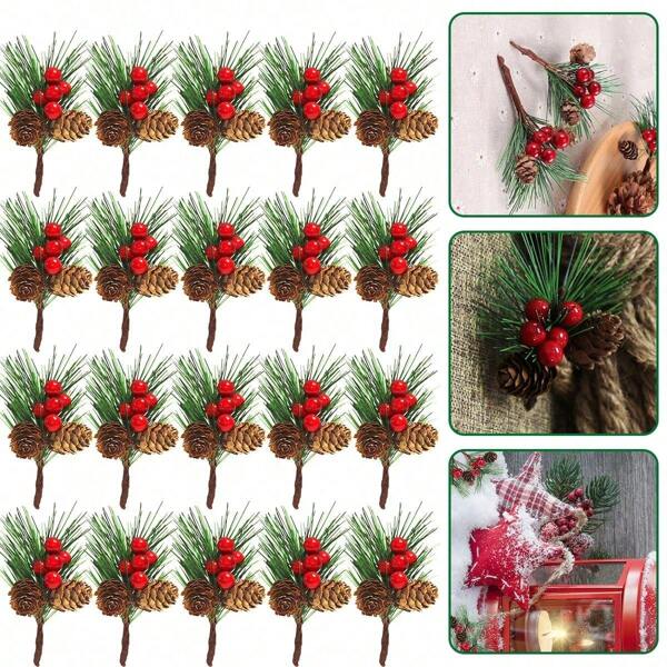 10/20 pezzi Rametti di pino artificiali, aghi di pino simulati con bacche rosse, mini rami di pino finti per albero di Natale, ghirlande per matrimoni, composizioni floreali, decorazioni per la casa, San Valentino, regali