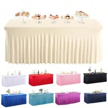 半件装弹力桌布，适用于长方形桌子，抗皱，带裙边，适用于派对、婚礼、生日、活动（多种颜色和尺寸可选） - 彩色 - 查看 13