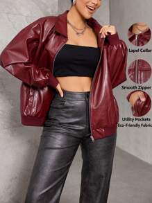 TSUTAYA Oversized Drop Shoulder Long Sleeve Zip Up Slant Pockets PU Leather Moto Jacket - Burgundy - View 1