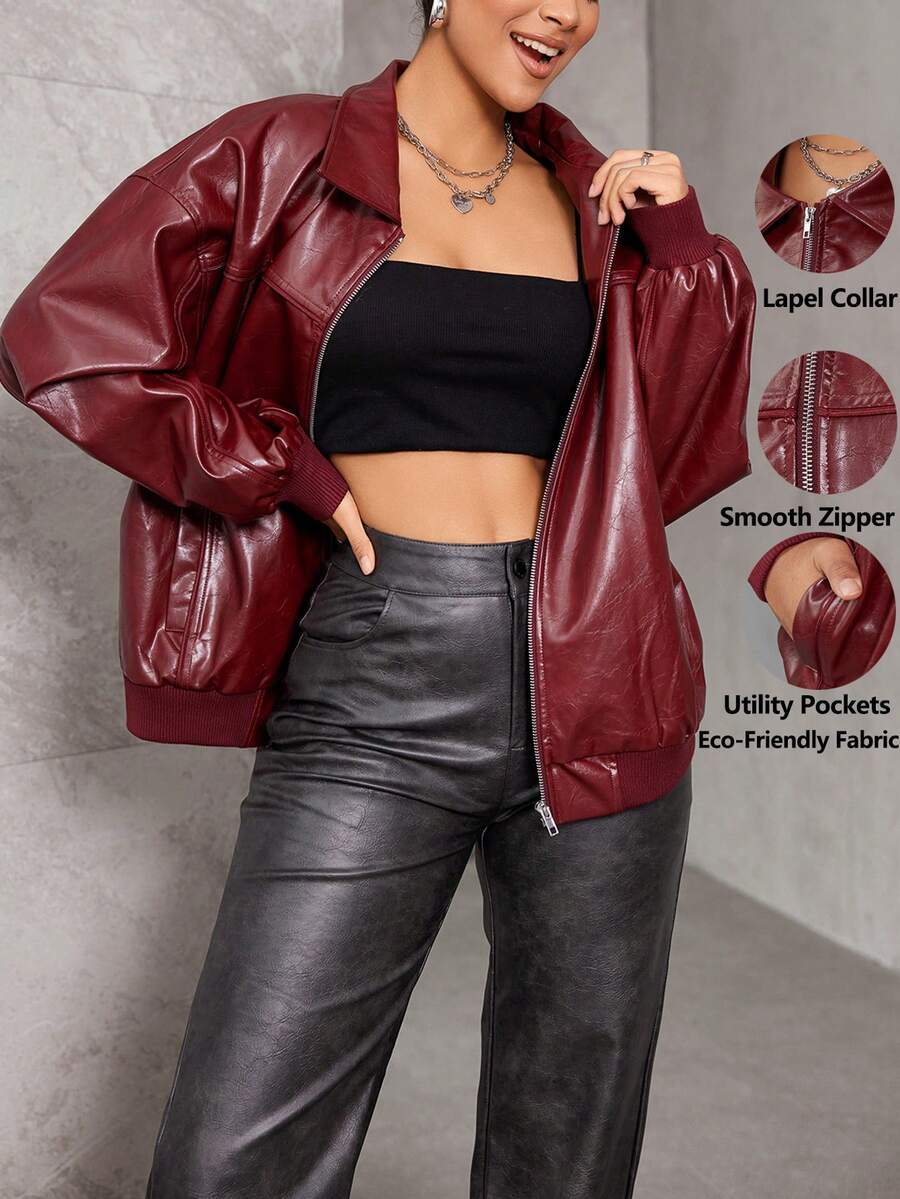 TSUTAYA Oversized Drop Shoulder Long Sleeve Zip Up Slant Pockets PU Leather Moto Jacket - Burgundy - View 1