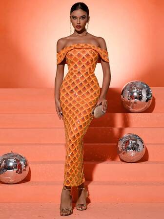  Fuaheng Women's Off Shoulder Sequined Backless High Slit Dress, Elegant Formal Evening Dress, For Wedding Guest, Graduation, Dinner Party Dress,Gown