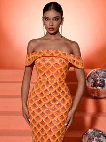 Fuaheng 女士露肩亮片露背高开衩连衣裙，优雅正式晚礼服，适合婚礼宾客、毕业典礼、晚宴礼服、长袍 - 橘色 - 查看 9