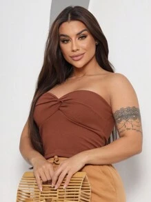 Women's Off Shoulder Crop Top With Knot Spring Summer Fashion Versatile - 鏽棕色 - 查看 1