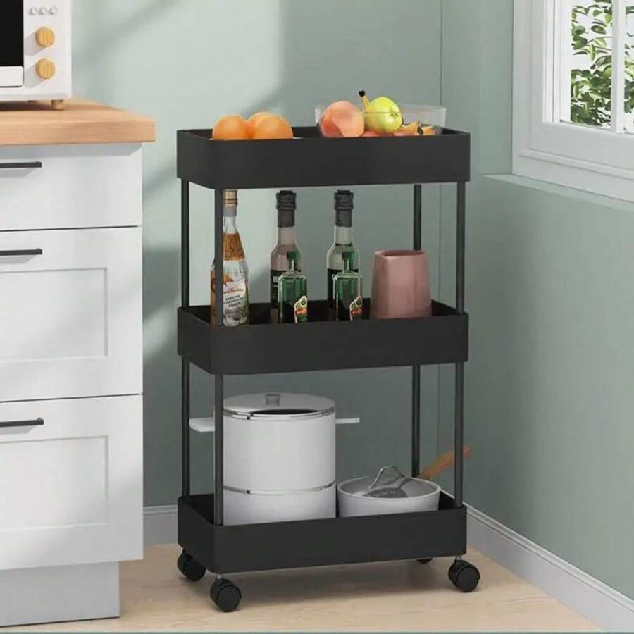 Rolling Storage Cart, Multifunctional Mesh Organization Utility Cart, For Kitchen - Black - View 1