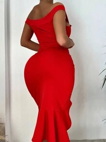 ChicMe 露肩串珠荷叶边修身中长连衣裙，性感派对优雅时尚 - 紅色 - 查看 3