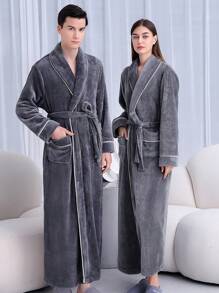 1件加长法兰绒浴袍，优雅成人法兰绒浴袍，保暖内衬，适用于酒店、水疗中心、美容院，吸水性强，速干，宽松版型，多色可选，简约设计，浴室及家居必备品 - 彩色 - 查看 6