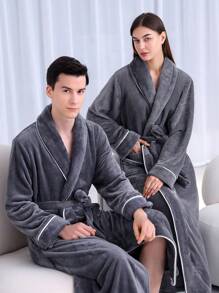1件加长法兰绒浴袍，优雅成人法兰绒浴袍，保暖内衬，适用于酒店、水疗中心、美容院，吸水性强，速干，宽松版型，多色可选，简约设计，浴室及家居必备品 - 彩色 - 查看 7