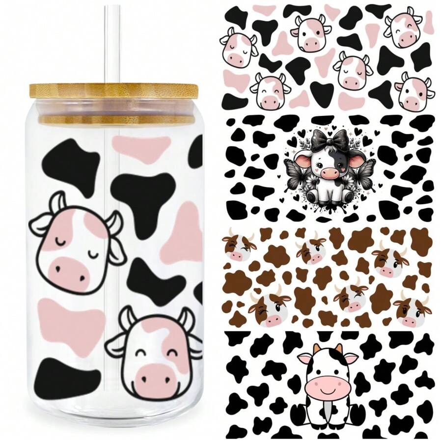 4 件可爱奶牛 UV Dtf 杯套转印贴纸适用于 16 盎司玻璃杯防水防刮 UVDtf 杯套贴花适用于马克杯笔记本电脑 DIY 工艺装饰