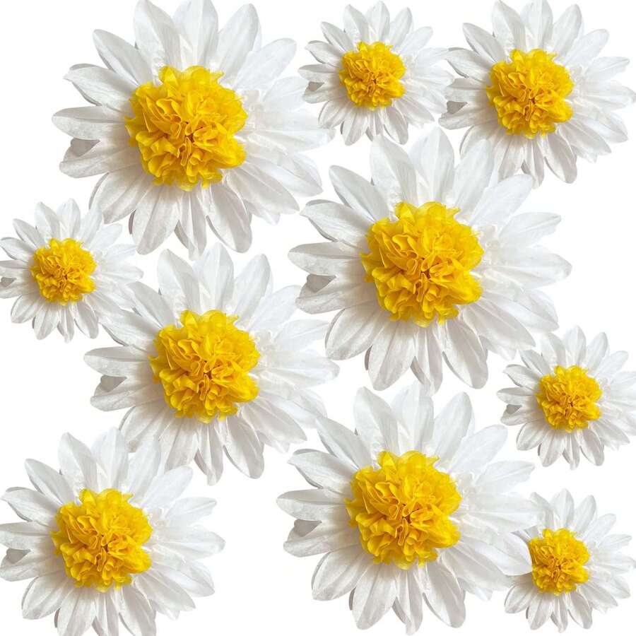 5pcs/10pcs,Daisy Tissue Paper Pom Poms Party Decorations White Yellow Flowers Wall Hanging 1st Birthday Bridal Wedding Classroom Decor 12" 8"