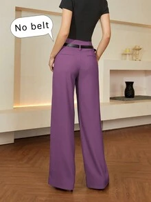 Women's Solid Color Adjustable Waist Elegant Pants - Purple - View 2