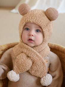 1 set Chapeau de protection auditive et écharpe bébé beige moelleux à double pompon, 2 pièces/ensemble