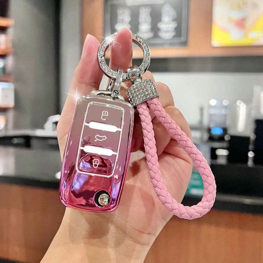 TPU Auto Mode Farbverlauf Rosa Schlüssel Gehäuse mit Strass Schlüsselanhänger passend für einen 3-Tasten Klappschlüssel, passend für Lavida, passend für Touran, passend für Skoda Octavia/Superb/Kodiaq, passend für Seat Arona/Ibiza/Ateca - Farbverlaufspulver - Übersicht 1