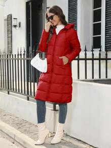 Slim Fit Women's Hooded Winter Coats Warm Parka Jacket Long Quilted Thicken Jacket - 紅色 - 查看 3