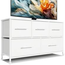 Commode de chambre à coucher avec 5 tiroirs, meuble TV à 4 roulettes, organisateur de rangement pour placard, vêtements et chambre de bébé, tiroirs en tissu et cadre en métal - Blanc - Voir 1