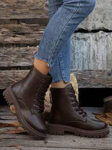 2024 秋冬新款女士厚底圆头拉链系带中筒防滑舒适时尚摩托车踝靴