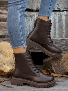 2024 秋冬新款女士厚底圆头拉链系带中筒防滑舒适时尚摩托车踝靴