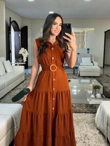 LONG DRESS WITH BELT AT THE WAIST, LOOSE FIT, WITH FRONT BUTTONS. - Bụi hồng - Xem 1