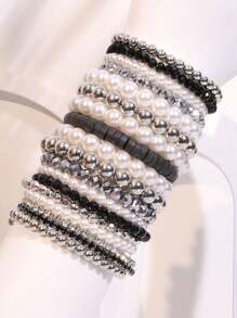18pcs/Set Crystal & Baroque Pearl Stacked Bracelet Set, Suitable For Women Formal Events & Daily Wear - 18PC/SET Stacking Bracelet Set - View 2