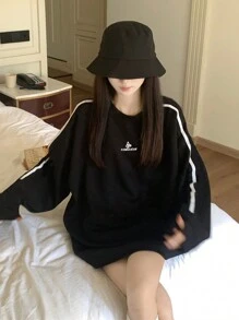 Casual Style Oversized Crew Neck Long Sleeve Sweatshirt,Long Sleeve Tops - Black - View 1