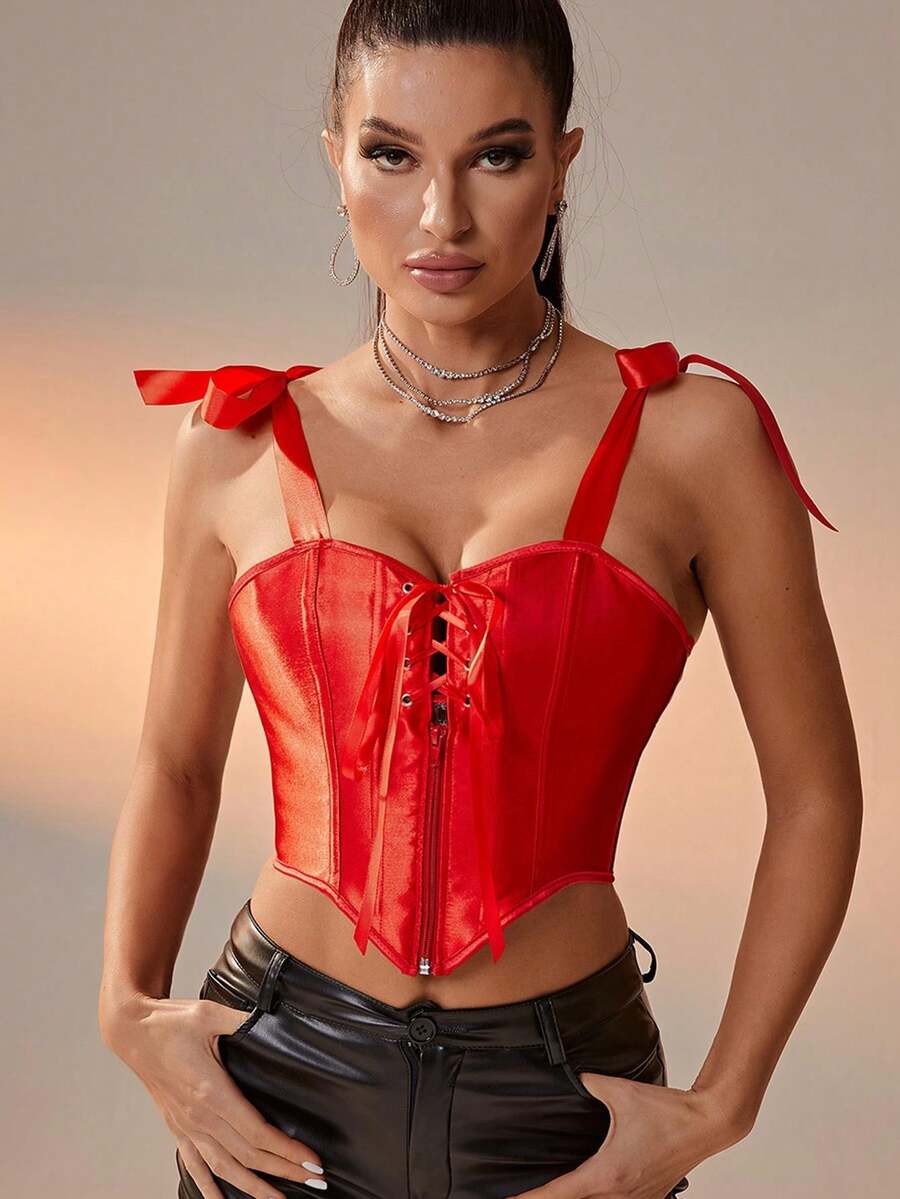1pc Women's Sexy Red Zipper Adjustable Lace-Up Back Crop Top, Christmas