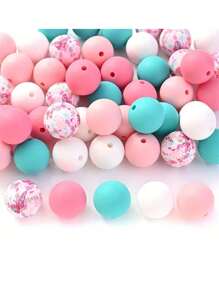50 peças 15mm Silicone Contas Espaçadoras Redondas, Contas de Borracha com Estampa de Flores para Fazer Chaveiro Pulseira Colar Acessórios DIY