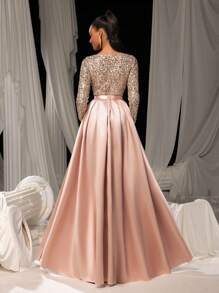 Faeriesty 优雅亮片缎面长袖晚礼服——适合艺术画廊晚宴、慈善晚宴、奢华活动、私人博物馆派对或戛纳电影节红毯派对礼服、婚礼宾客礼服、正式晚礼服、春假晚礼服等场合。 - 藕粉色 - 查看 3