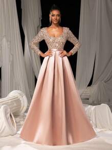 Faeriesty 优雅亮片缎面长袖晚礼服——适合艺术画廊晚宴、慈善晚宴、奢华活动、私人博物馆派对或戛纳电影节红毯派对礼服、婚礼宾客礼服、正式晚礼服、春假晚礼服等场合。 - 藕粉色 - 查看 8