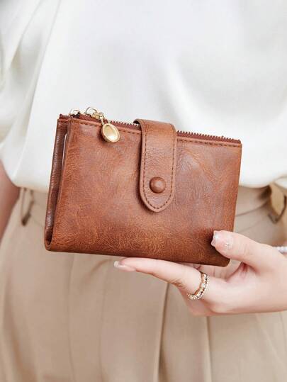 MIYIN Vintage Button Wallet, Business Casual Style, Multi-Card Slots, Coin Pouch, Tri-Fold Compact Design, Short Wallet, Retro Zipper Wallet, Fashion Button Closure, Women's Daily Travel & Shopping Wallet, Women's Wallet, Compact Wallet