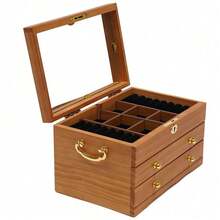 Large Wooden Jewelry Box W/ Safe Lock 3 Layers Retro Storage Organizer Gift - 木頭 - 查看 8