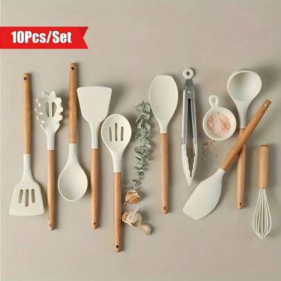 10pcs Silicone Kitchen Utensil Set With Wooden Handles - Non-Stick, Heat Resistant, Suitable For Home And Restaurant - Great For Christmas, Valentine's Day, Thanksgiving, Mother's Day And Other Holidays