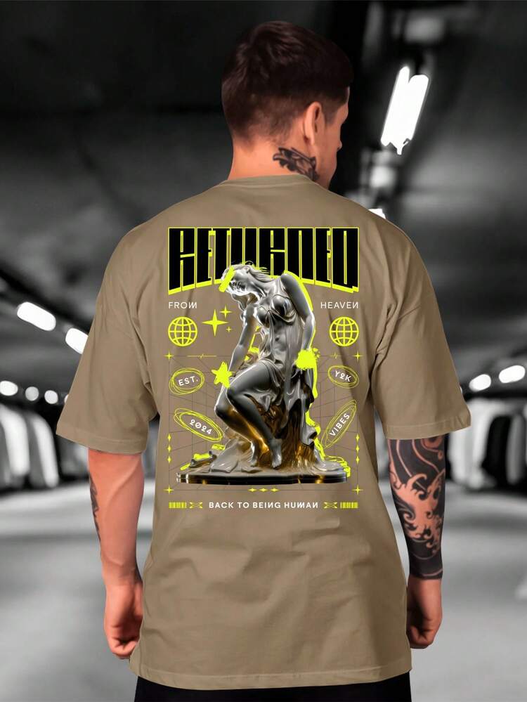 Heaven Bound Illuminated Statue Oversized Men's Streetwear T-Shirt 100% Cotton New Arrival - Khaki - View 1