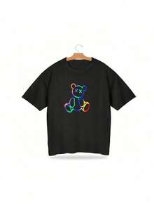 Black Children's T-Shirt Oversized Colorful Bear XX - 黑色 - 查看 1