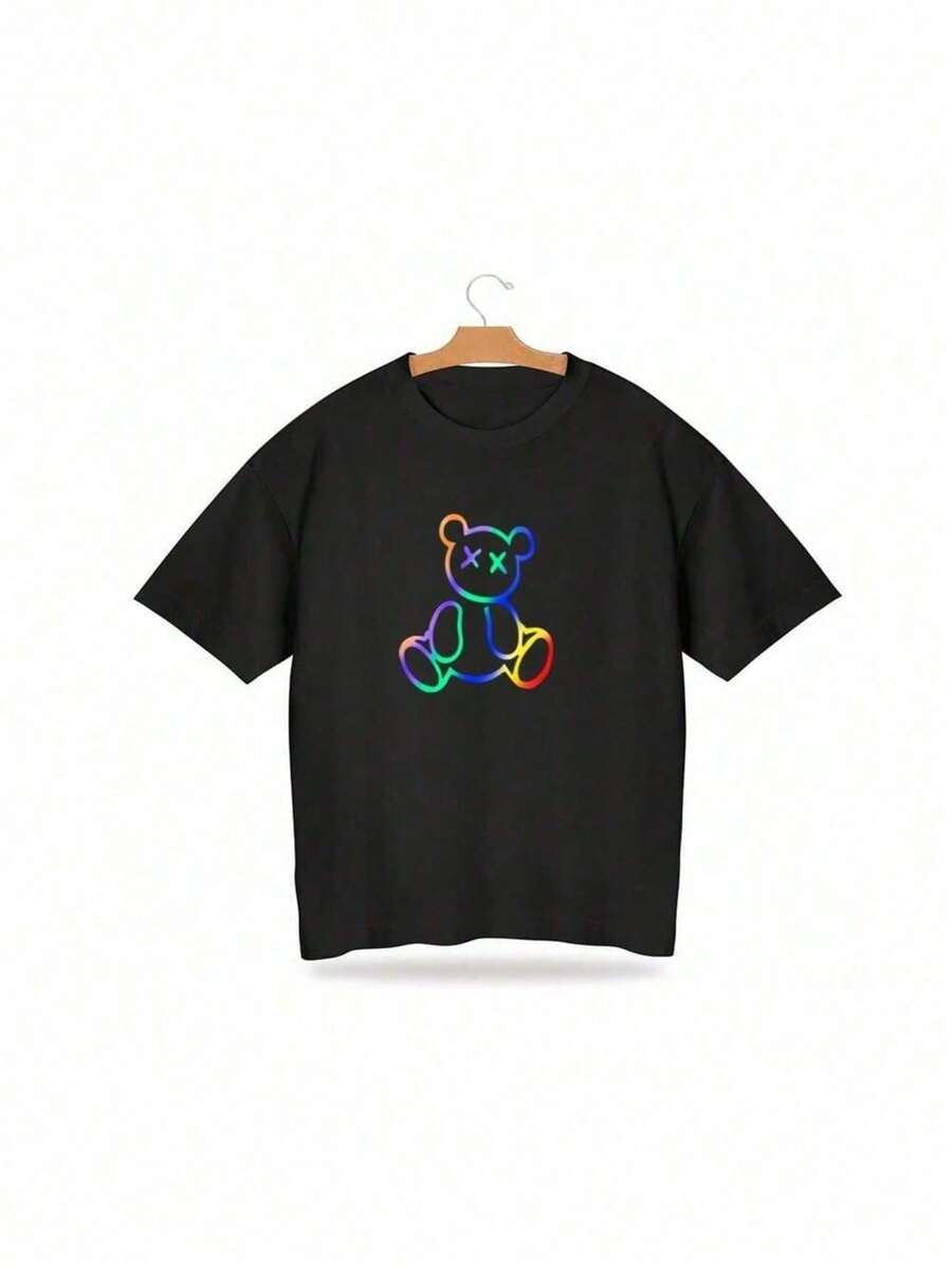 Black Children's T-Shirt Oversized Colorful Bear XX - 黑色 - 查看 1