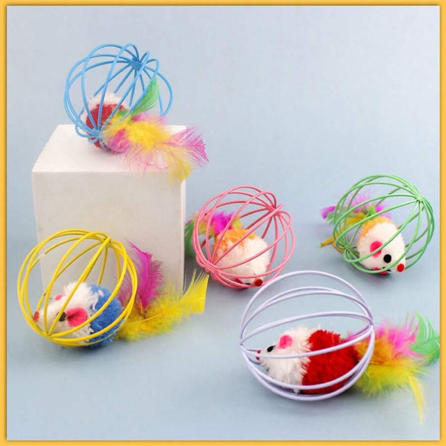 1pc Random Color Jingle Ball Cat Toy With Feather, Interactive Rattling