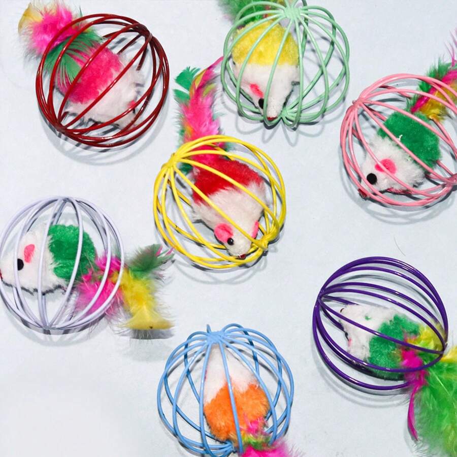 1pc Random Color Jingle Ball Cat Toy With Feather, Interactive Rattling