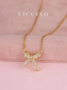 FICCINO 蝴蝶结方晶锆石吊坠项链，可调节钛金镀不锈钢链，时尚可爱的日常项链，送给女孩和最好的朋友的理想礼物，附赠情人节礼盒 - 1153n - 查看 5