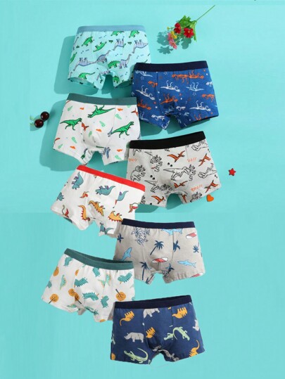 Set de 8 boxers con estampado de dinosaurios de dibujos animados para niños y niños pequeños, de algodón suave y cómodo para todas las estaciones