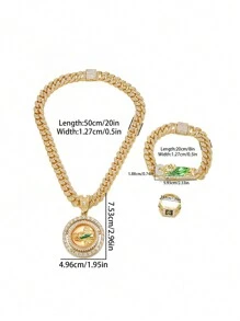 3 件时尚吊坠项链套装，St. Jude 旋转大硬币吊坠项链和手链套装，磨砂闪亮方晶锆石首饰，男女皆宜的节日礼物 - 珠寶套裝 - 查看 6