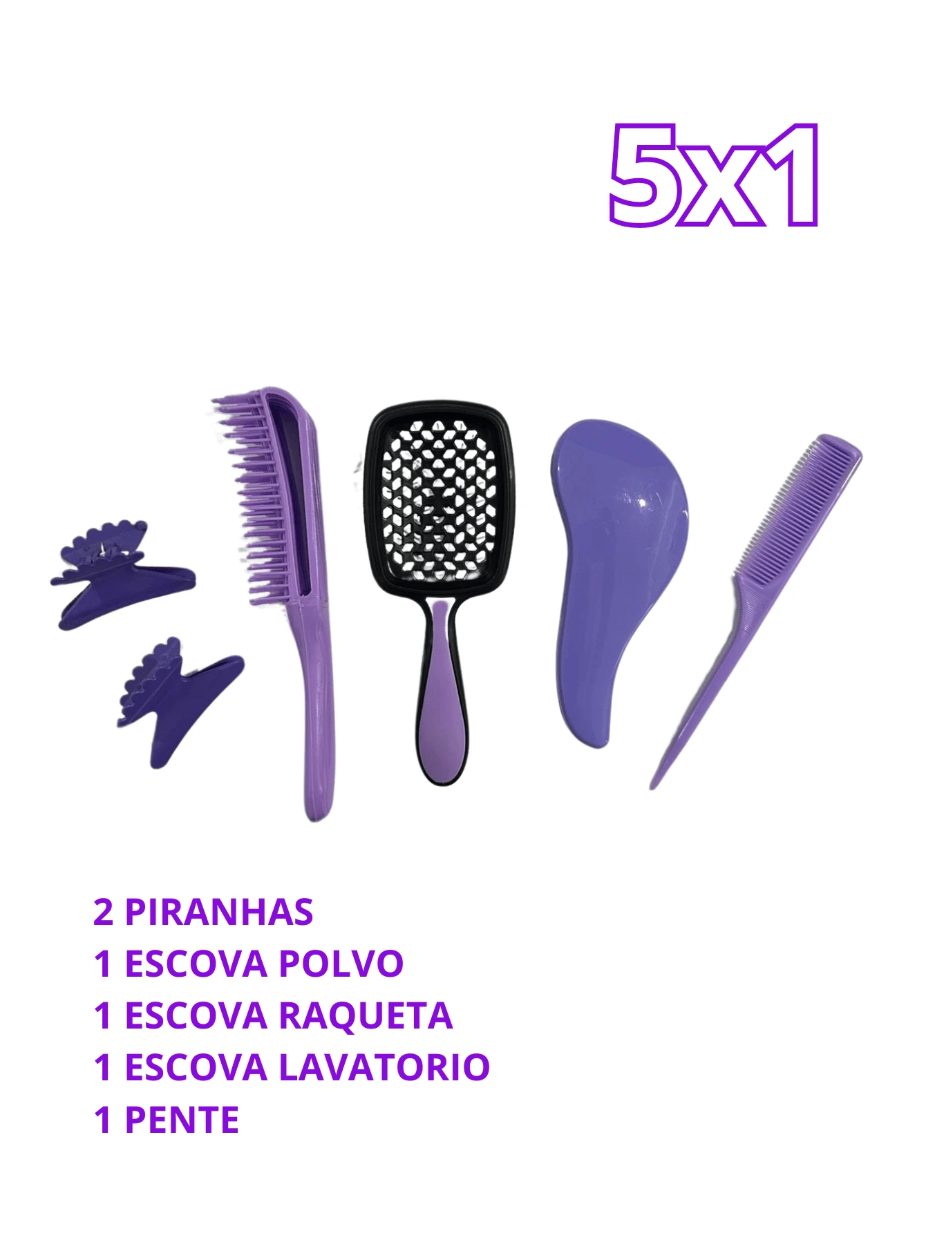 Kit 5x1 Piranha Excavator Racket Brush Side Comb - 淺灰紫 - 查看 1
