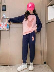 2件組可愛兔子女孩套頭運動衫套裝 - 彩色 - 查看 1