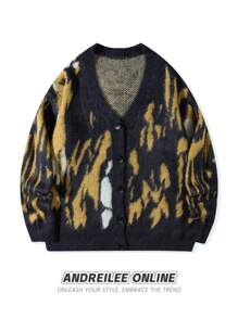 ANDREILEE 男女街头时尚休闲V领长袖不规则图案复古宽松针织开衫毛衣，适合春、秋、冬三季穿着。 - 黑色 - 查看 2