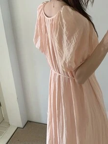 韩版时尚夏季女式甜美休闲风格圆领单排扣褶皱宽松泡泡袖连衣裙，少女风格 - 粉色 - 查看 4