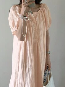 韩版时尚夏季女式甜美休闲风格圆领单排扣褶皱宽松泡泡袖连衣裙，少女风格 - 粉色 - 查看 3