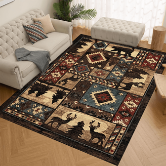 1pc 'Vintage Grid Forest Deer And Bear' Non-Slip Resistant Rug, Machine Washable, Carpet For Entryway Living Room Bedroom Nursery Room, Outdoor Patio Garden Yard Decor Rug, Home Decor, Room Decor, Area Rug, Tapestry